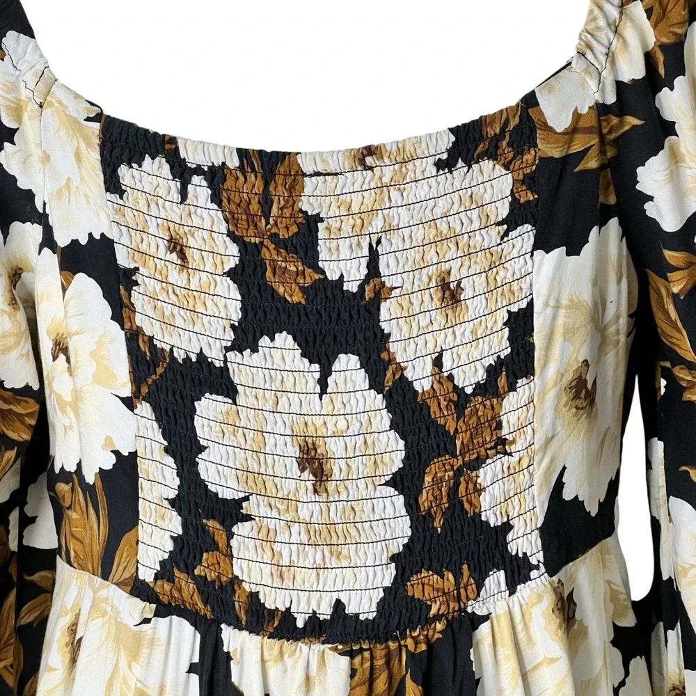 Old Navy Dark Floral Maxi Dress L Black White Brown Milkmaid Square Neck - Picture 3 of 11